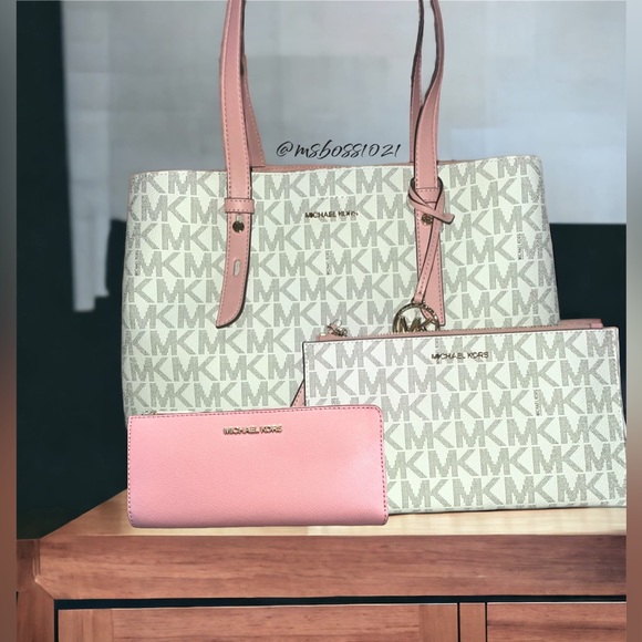 Michael Kors Mel Vanilla/Primrose Tote + Lg Wristlet + Wallet NWT